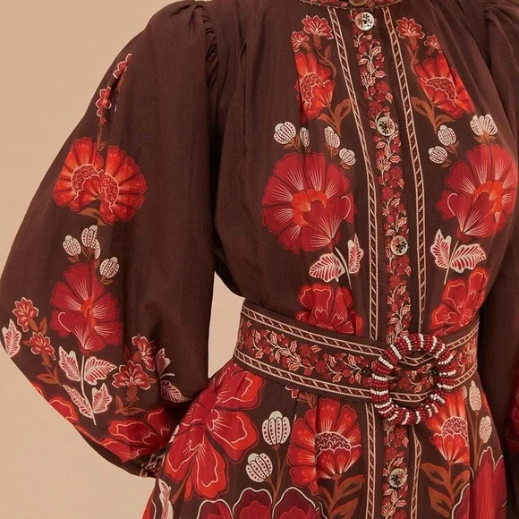 SOLD FARM Rio Gigi Tapestry Brown Mini Dress Beaded Buckle Red Floral Size L - Picture 3 of 16
